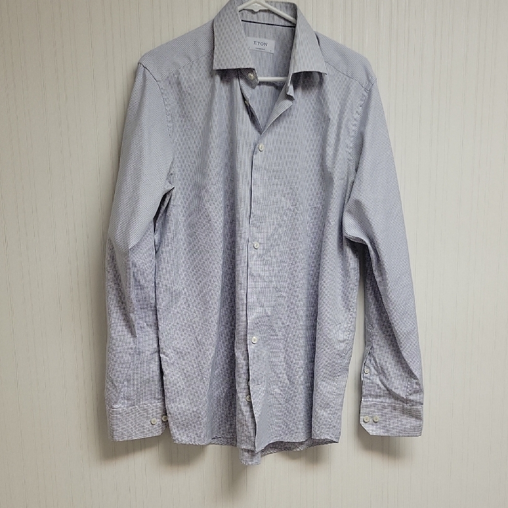 Eton Subtle windowpane Patterned Gray Blue Dress Shirt, men's Sz 41/16 large